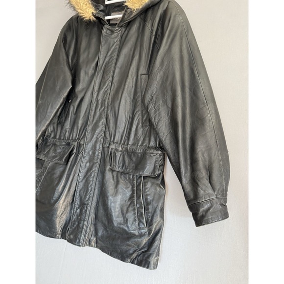Vintage Wilsons Black Leather Coat Mens Medium Hooded Faux Fur Trim Quilted Y2K - Picture 12 of 13